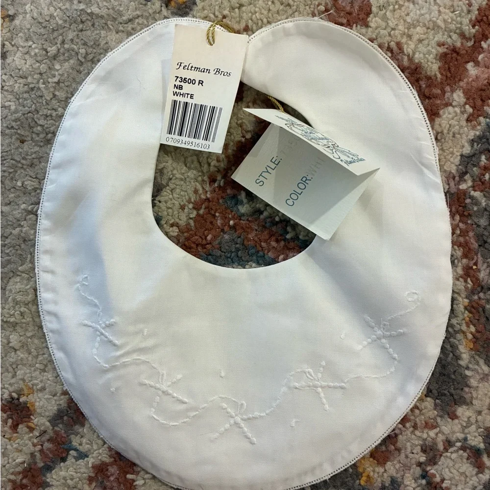 Feltman Bros Newborn White Baby Bib with Embroidered Design